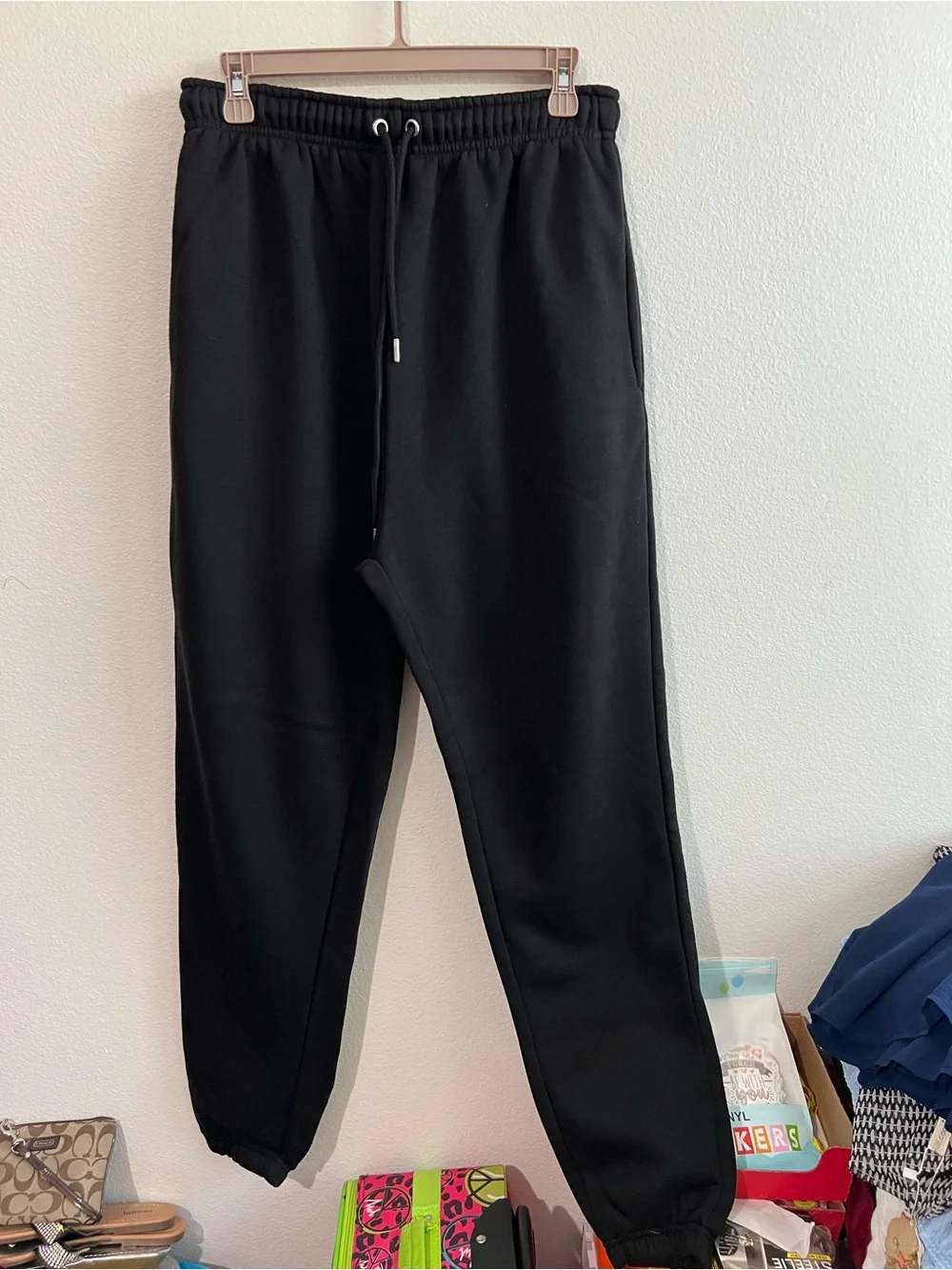Boohoo Black Joggers with Red Heart Pocket Patch
